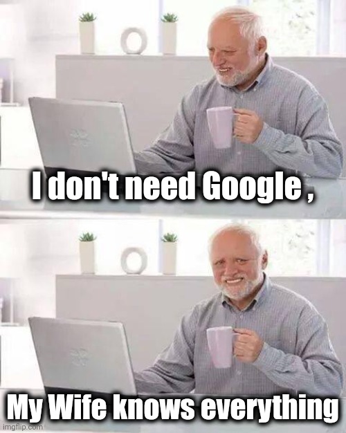When you never win an argument | I don't need Google , My Wife knows everything | image tagged in memes,hide the pain harold,will you shut up man,signature look of superiority,the more you know | made w/ Imgflip meme maker