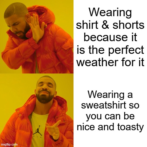 ha ha warmth go brrrrrrrrrrrr | Wearing shirt & shorts because it is the perfect weather for it; Wearing a sweatshirt so you can be nice and toasty | image tagged in memes,drake hotline bling,drake,hotline bling,temperature,lol | made w/ Imgflip meme maker