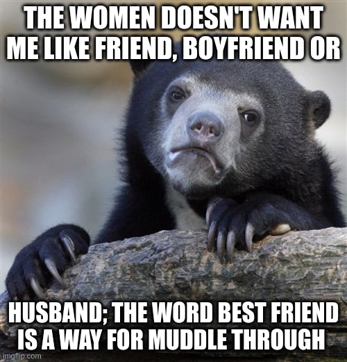 muddle through | THE WOMEN DOESN'T WANT ME LIKE FRIEND, BOYFRIEND OR; HUSBAND; THE WORD BEST FRIEND IS A WAY FOR MUDDLE THROUGH | image tagged in memes,confession bear | made w/ Imgflip meme maker