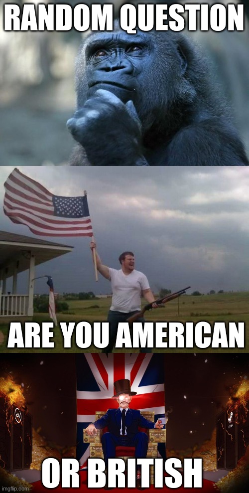 Which one are you? | RANDOM QUESTION; ARE YOU AMERICAN; OR BRITISH | image tagged in deep thoughts,american flag shotgun guy | made w/ Imgflip meme maker