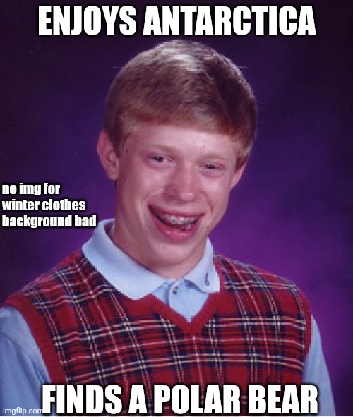 R.I.P | ENJOYS ANTARCTICA; no img for winter clothes background bad; FINDS A POLAR BEAR | image tagged in memes,bad luck brian,antarctica | made w/ Imgflip meme maker
