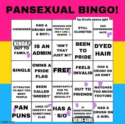 thought i would try this<3 | KINDA? DEMI-GIRL | image tagged in pansexual bingo,pansexual | made w/ Imgflip meme maker