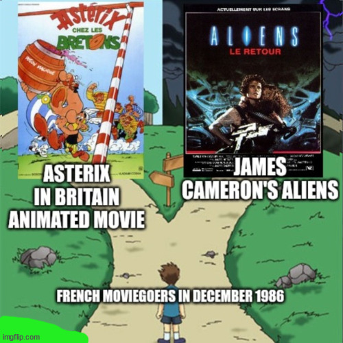 Even before Zombie Land Saga movie's premiere, Xenomorphs still didn't get the job in the Mykingdomforanos' village... | image tagged in two paths,asterix,xenomorph,french,james cameron | made w/ Imgflip meme maker