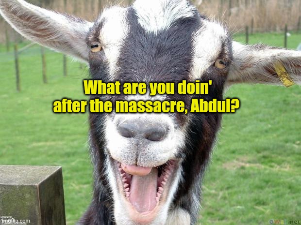 Funny Goat | What are you doin' after the massacre, Abdul? | image tagged in funny goat | made w/ Imgflip meme maker