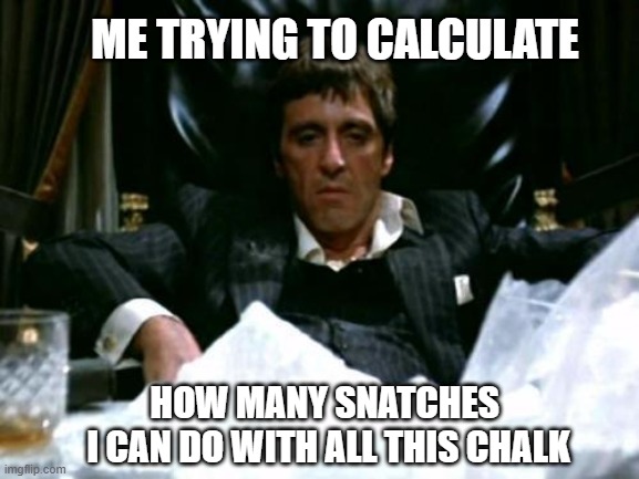 Gireviks Dilemma | ME TRYING TO CALCULATE; HOW MANY SNATCHES 
I CAN DO WITH ALL THIS CHALK | image tagged in tony montana | made w/ Imgflip meme maker