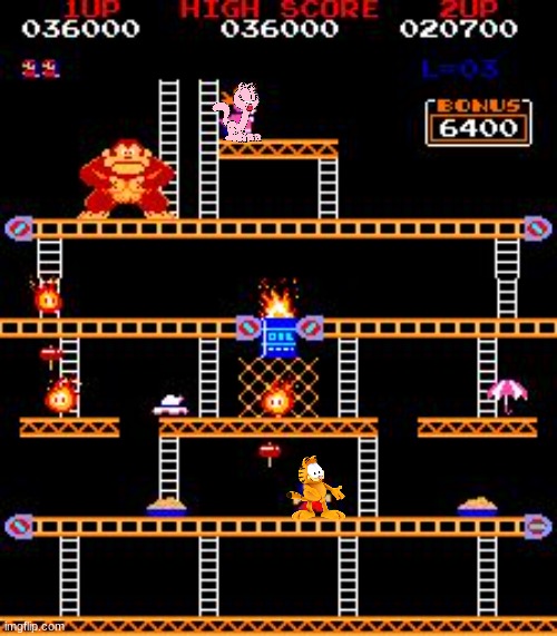 if garfield was in donkey kong | image tagged in donkey kong,video games,garfield,parody | made w/ Imgflip meme maker