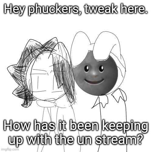 un un un un un | Hey phuckers, tweak here. How has it been keeping up with the un stream? | image tagged in tweak and chep | made w/ Imgflip meme maker