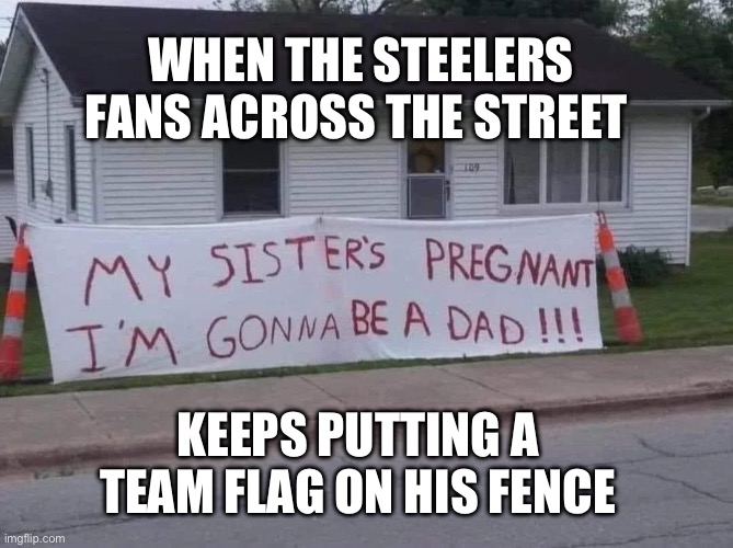Steelers Fans | WHEN THE STEELERS FANS ACROSS THE STREET; KEEPS PUTTING A TEAM FLAG ON HIS FENCE | image tagged in pittsburgh steelers | made w/ Imgflip meme maker