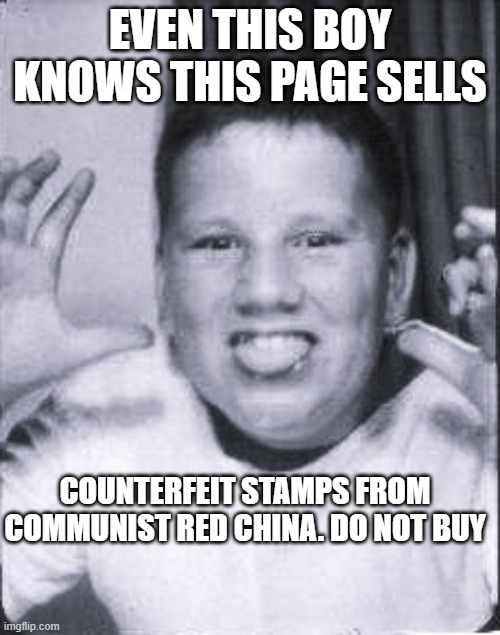 Counterfeit Stamps | EVEN THIS BOY KNOWS THIS PAGE SELLS; COUNTERFEIT STAMPS FROM COMMUNIST RED CHINA. DO NOT BUY | image tagged in counterfeit,scam | made w/ Imgflip meme maker