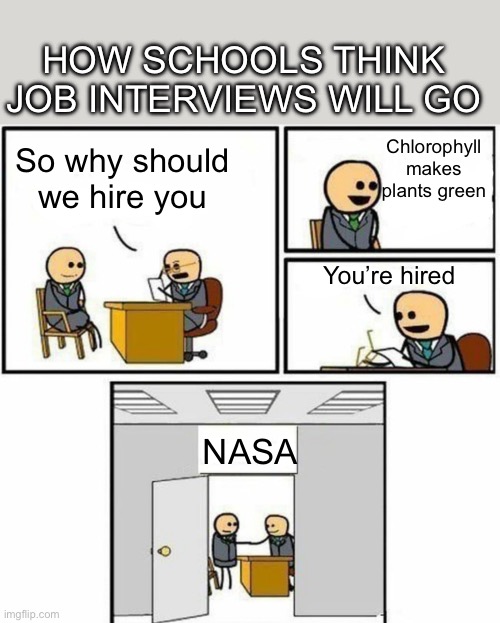 Me and my friends thought of this one | HOW SCHOOLS THINK JOB INTERVIEWS WILL GO; Chlorophyll makes plants green; So why should we hire you; You’re hired; NASA | image tagged in you're hired,school,nasa | made w/ Imgflip meme maker