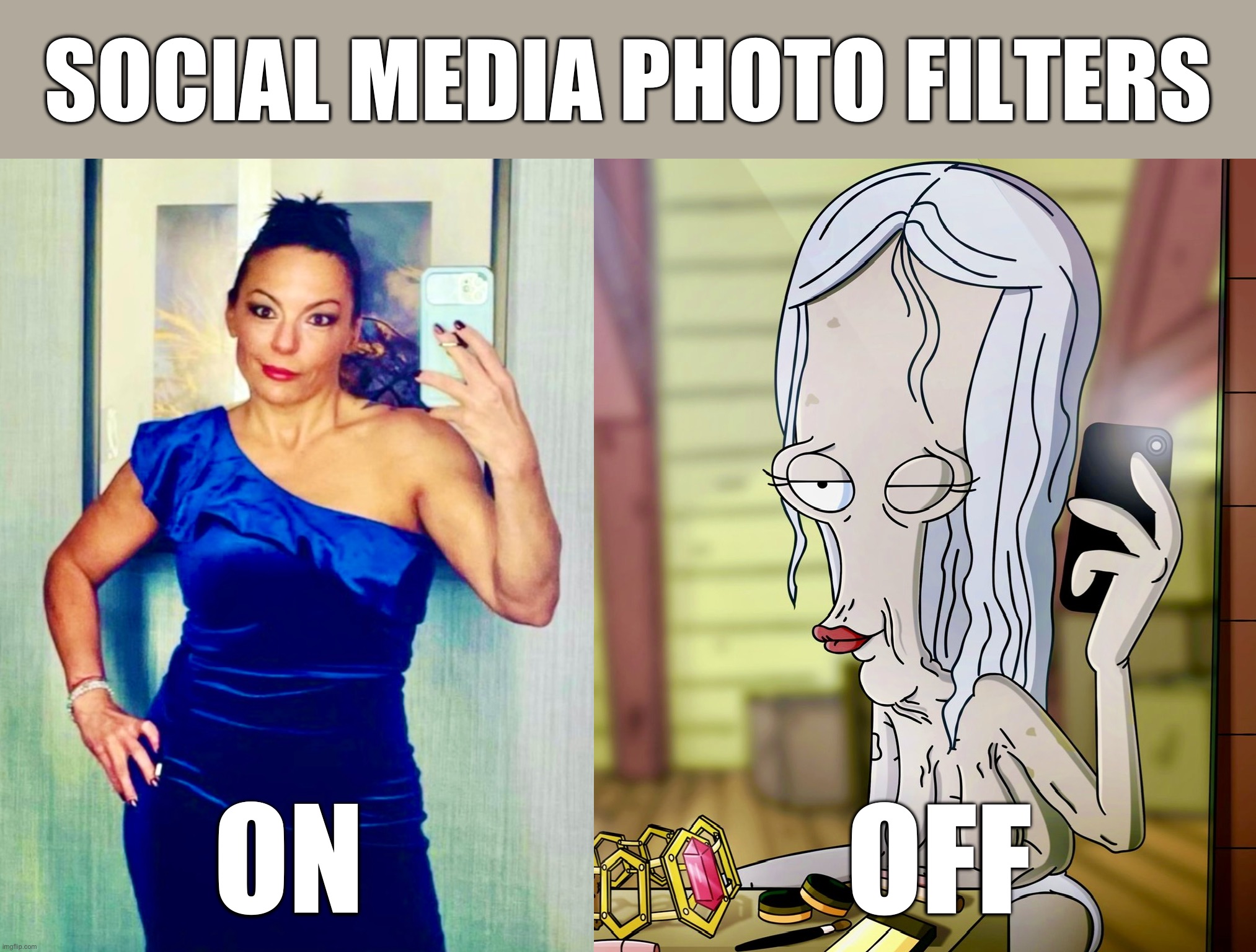 SOCIAL MEDIA PHOTO FILTERS; ON; OFF | image tagged in tik tok,facebook,instagram,social media,expectation vs reality,filters | made w/ Imgflip meme maker