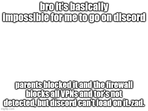 damn. any other alternatives guys? | bro it's basically impossible for me to go on discord; parents blocked it and the firewall blocks all VPNs and tor's not detected, but discord can't load on it. zad. | made w/ Imgflip meme maker