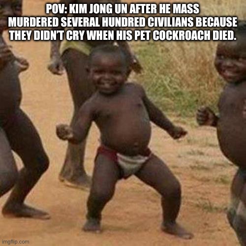 Kim jon un | POV: KIM JONG UN AFTER HE MASS MURDERED SEVERAL HUNDRED CIVILIANS BECAUSE THEY DIDN’T CRY WHEN HIS PET COCKROACH DIED. | image tagged in memes,third world success kid | made w/ Imgflip meme maker
