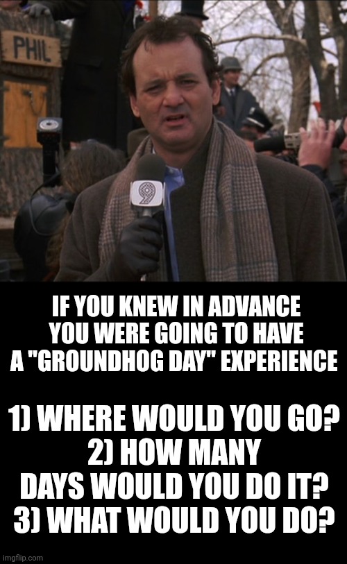 Bill Murray Groundhog Day | IF YOU KNEW IN ADVANCE YOU WERE GOING TO HAVE A "GROUNDHOG DAY" EXPERIENCE; 1) WHERE WOULD YOU GO?
2) HOW MANY DAYS WOULD YOU DO IT?
3) WHAT WOULD YOU DO? | image tagged in bill murray groundhog day | made w/ Imgflip meme maker