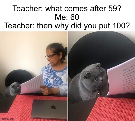 Blame clocks… | Teacher: what comes after 59?
Me: 60
Teacher: then why did you put 100? | image tagged in woman showing paper to cat | made w/ Imgflip meme maker