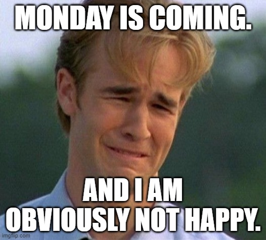 There goes the weekend. =( | MONDAY IS COMING. AND I AM OBVIOUSLY NOT HAPPY. | image tagged in memes,1990s first world problems | made w/ Imgflip meme maker
