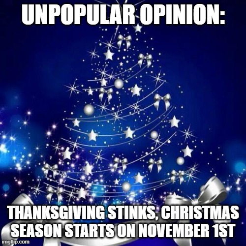 IDC about Thanksgiving tbh, this country is screwed anyway | UNPOPULAR OPINION:; THANKSGIVING STINKS, CHRISTMAS SEASON STARTS ON NOVEMBER 1ST | image tagged in merry christmas | made w/ Imgflip meme maker