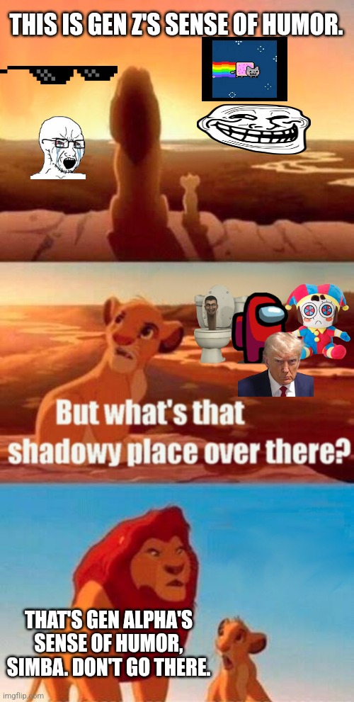 Simba Shadowy Place Meme | THIS IS GEN Z'S SENSE OF HUMOR. THAT'S GEN ALPHA'S SENSE OF HUMOR, SIMBA. DON'T GO THERE. | image tagged in memes,simba shadowy place | made w/ Imgflip meme maker