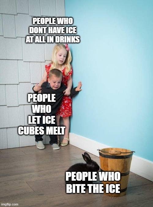 this guy is me... | PEOPLE WHO DONT HAVE ICE AT ALL IN DRINKS; PEOPLE WHO LET ICE CUBES MELT; PEOPLE WHO BITE THE ICE | image tagged in kids afraid of rabbit | made w/ Imgflip meme maker