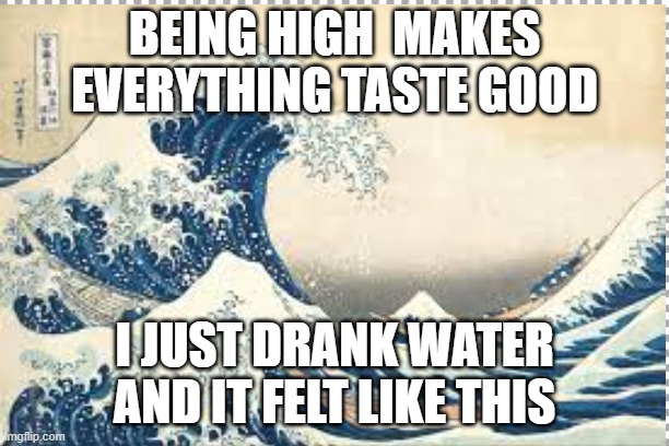 BEING HIGH  MAKES EVERYTHING TASTE GOOD; I JUST DRANK WATER AND IT FELT LIKE THIS | image tagged in high | made w/ Imgflip meme maker