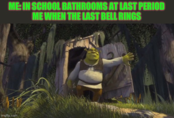 I fulfilled my destiny! | ME: IN SCHOOL BATHROOMS AT LAST PERIOD
ME WHEN THE LAST BELL RINGS | image tagged in shrek on toilet | made w/ Imgflip meme maker