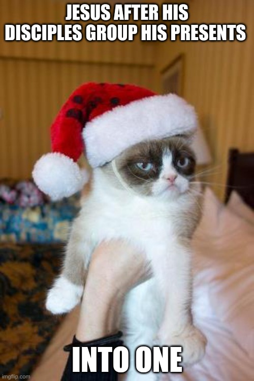 lo | JESUS AFTER HIS DISCIPLES GROUP HIS PRESENTS; INTO ONE | image tagged in memes,grumpy cat christmas,grumpy cat | made w/ Imgflip meme maker