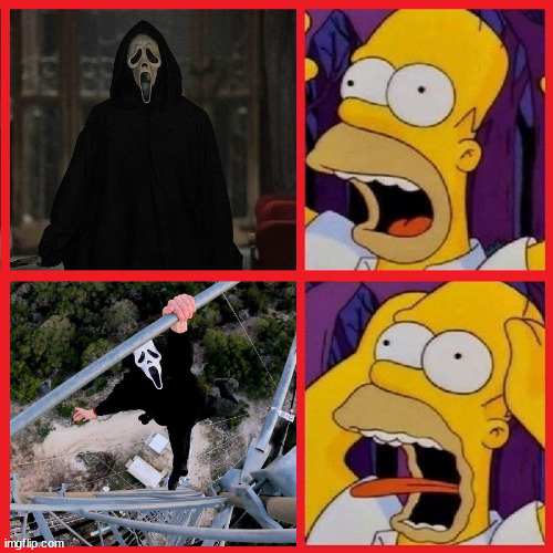 Homer watching scream | image tagged in homer simpson,scream,ghostface,latticeclimbing,tower,template | made w/ Imgflip meme maker