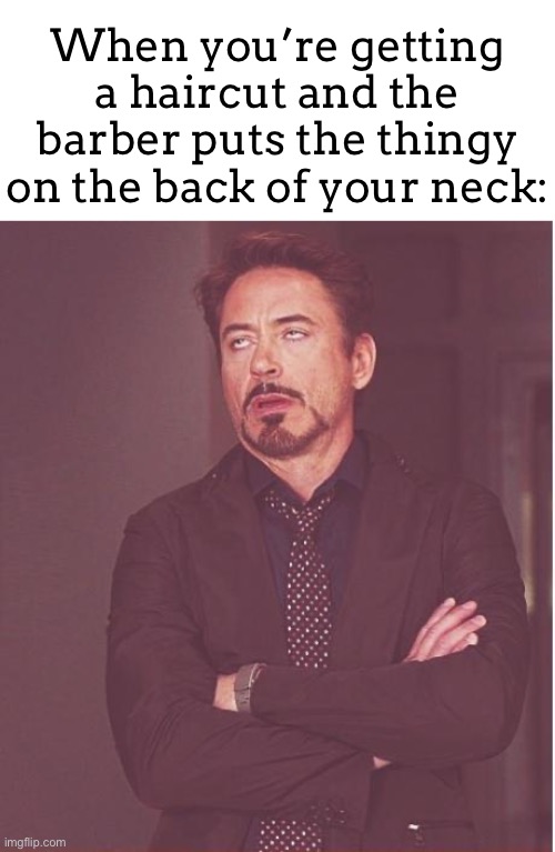 IT FEELS FRIKIN AMAZING :DDD | When you’re getting a haircut and the barber puts the thingy on the back of your neck: | image tagged in memes,face you make robert downey jr,that face you make when,meme,haircut | made w/ Imgflip meme maker