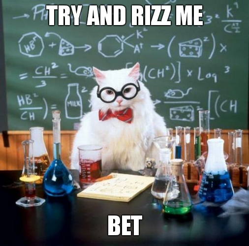 cant rizz me | TRY AND RIZZ ME; BET | image tagged in memes,chemistry cat,huh bet,yeah bet i wont feel a thing | made w/ Imgflip meme maker