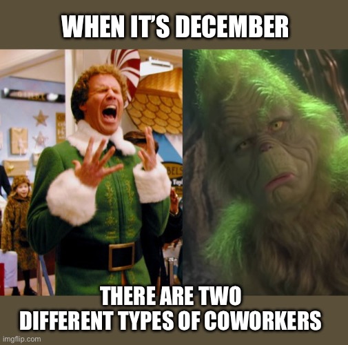 Buddy the Elf Vs. the Grinch | WHEN IT’S DECEMBER; THERE ARE TWO DIFFERENT TYPES OF COWORKERS | image tagged in buddy the elf,the grinch,december,coworkers | made w/ Imgflip meme maker