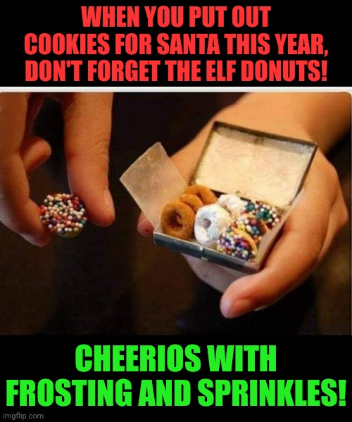 Elf Donuts | WHEN YOU PUT OUT COOKIES FOR SANTA THIS YEAR, DON'T FORGET THE ELF DONUTS! CHEERIOS WITH FROSTING AND SPRINKLES! | image tagged in elf,donuts,cheerios,sprinkles,christmas decorations,christmas memes | made w/ Imgflip meme maker