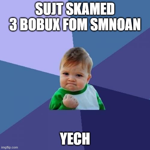 Success Kid | SUJT SKAMED 3 BOBUX FOM SMNOAN; YECH | image tagged in memes,success kid,funny,scammer,kids,roblox | made w/ Imgflip meme maker