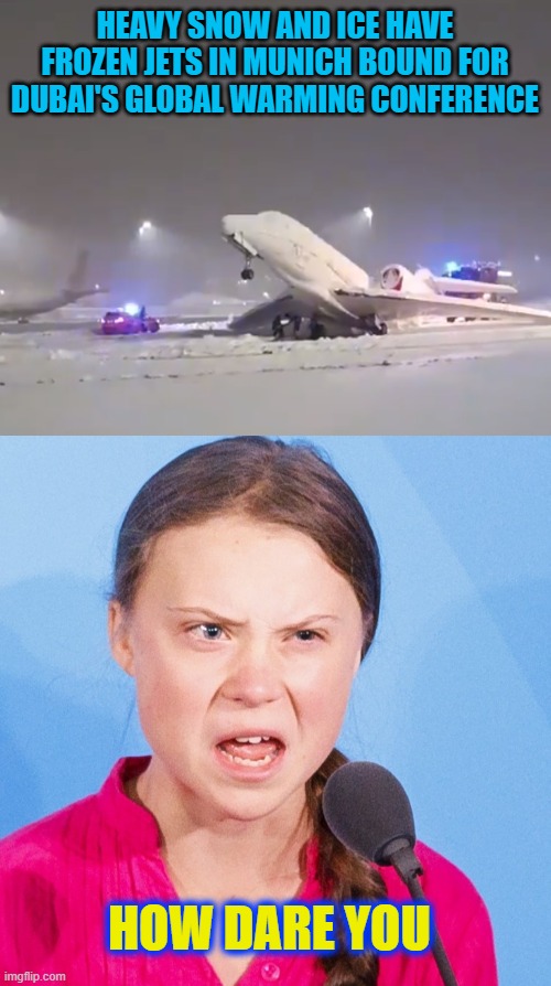 Could they not hold their climate change conference in Zoom to reduce their carbon footprints? | HEAVY SNOW AND ICE HAVE FROZEN JETS IN MUNICH BOUND FOR DUBAI'S GLOBAL WARMING CONFERENCE; HOW DARE YOU | image tagged in how dare you,memes,climate change,greta thunberg,frozen,ice | made w/ Imgflip meme maker
