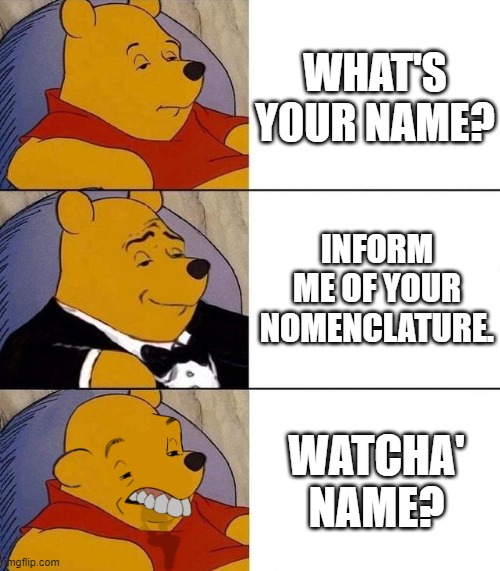 how do you say it? | WHAT'S YOUR NAME? INFORM ME OF YOUR NOMENCLATURE. WATCHA' NAME? | image tagged in best better blurst | made w/ Imgflip meme maker