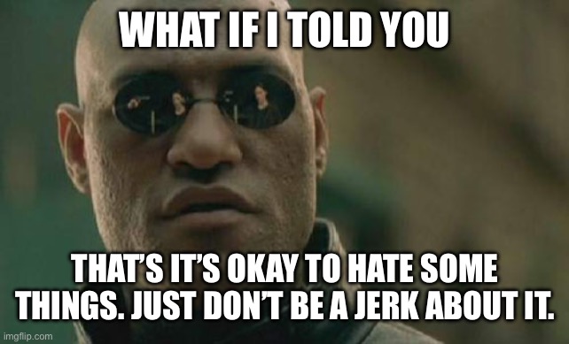 You can be a hater without being mean | WHAT IF I TOLD YOU; THAT’S IT’S OKAY TO HATE SOME THINGS. JUST DON’T BE A JERK ABOUT IT. | image tagged in memes,matrix morpheus | made w/ Imgflip meme maker