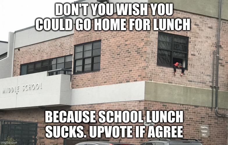 School food sucks | DON'T YOU WISH YOU COULD GO HOME FOR LUNCH; BECAUSE SCHOOL LUNCH SUCKS. UPVOTE IF AGREE | image tagged in middle school sucks,food,home | made w/ Imgflip meme maker