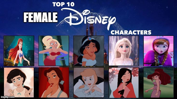 top 10 female disney characters | FEMALE | image tagged in top 10 disney characters,female,disney princesses,disney,the little mermaid,frozen | made w/ Imgflip meme maker