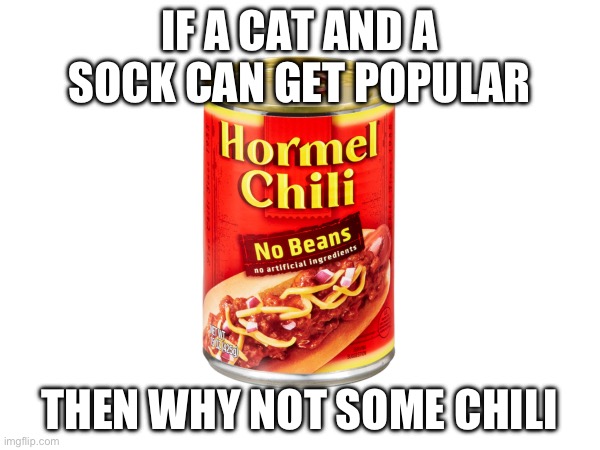 Ccchhhiiillii | IF A CAT AND A SOCK CAN GET POPULAR; THEN WHY NOT SOME CHILI | image tagged in chili | made w/ Imgflip meme maker