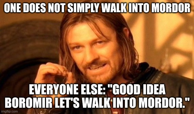 One Does Not Simply | ONE DOES NOT SIMPLY WALK INTO MORDOR; EVERYONE ELSE: "GOOD IDEA BOROMIR LET'S WALK INTO MORDOR." | image tagged in memes,one does not simply | made w/ Imgflip meme maker