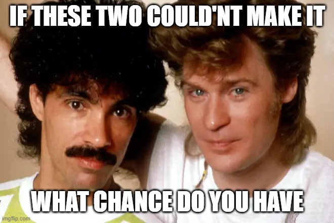hall and oates | IF THESE TWO COULD'NT MAKE IT; WHAT CHANCE DO YOU HAVE | image tagged in couple | made w/ Imgflip meme maker