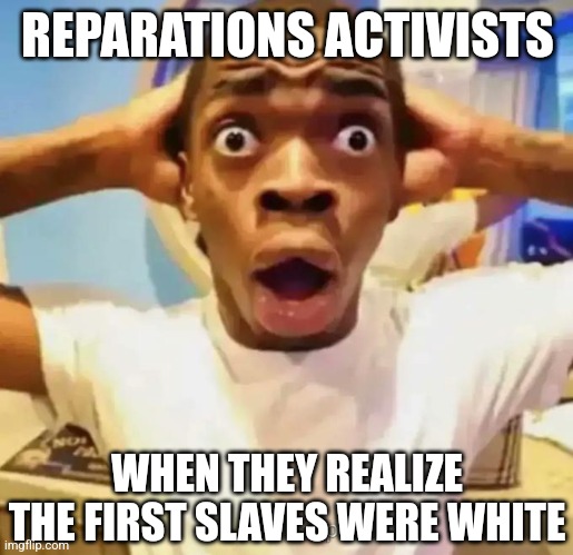 Someone needs to read history | REPARATIONS ACTIVISTS; WHEN THEY REALIZE THE FIRST SLAVES WERE WHITE | image tagged in shocked black guy,activism,political,woke,funny,memes | made w/ Imgflip meme maker