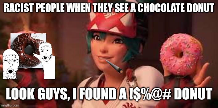 Who the hell names a chocolate donut the N - word, cuz I dont | RACIST PEOPLE WHEN THEY SEE A CHOCOLATE DONUT; LOOK GUYS, I FOUND A !$%@# DONUT | image tagged in overwatch | made w/ Imgflip meme maker