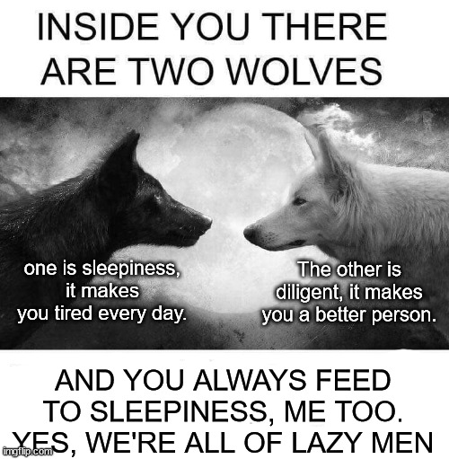 Inside you there are two wolves | one is sleepiness, it makes you tired every day. The other is diligent, it makes you a better person. AND YOU ALWAYS FEED
TO SLEEPINESS, ME TOO.
YES, WE'RE ALL OF LAZY MEN | image tagged in inside you there are two wolves,sleepy,tired | made w/ Imgflip meme maker