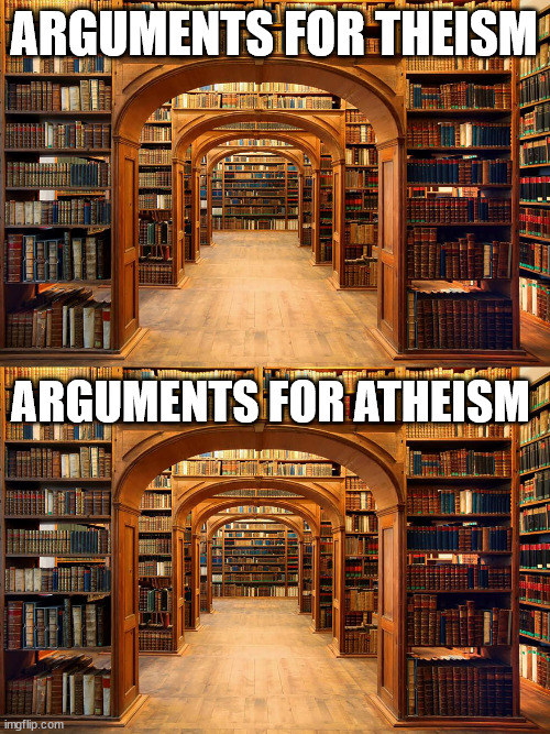 arguments for theism vs atheism | ARGUMENTS FOR THEISM; ARGUMENTS FOR ATHEISM | image tagged in library,philosophy,atheism,religion | made w/ Imgflip meme maker