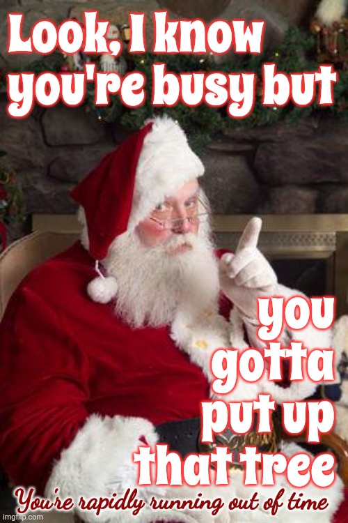 Santa Baby | Look, I know you're busy but; you gotta put up that tree; You're rapidly running out of time | image tagged in santa,christmas,christmas eve,christmas tree,santa claus,happy holidays | made w/ Imgflip meme maker