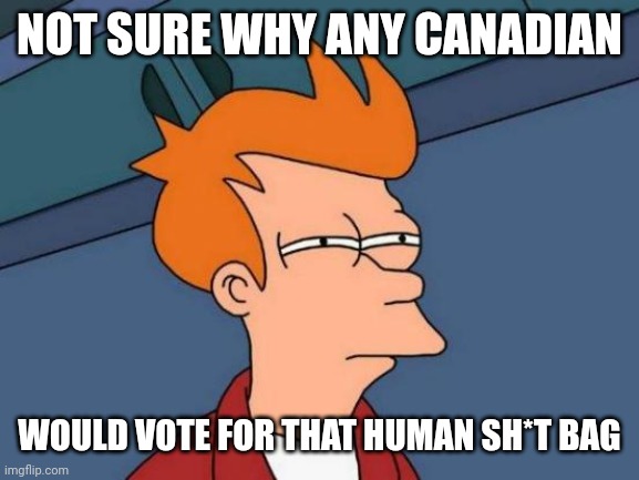 Futurama Fry Meme | NOT SURE WHY ANY CANADIAN WOULD VOTE FOR THAT HUMAN SH*T BAG | image tagged in memes,futurama fry | made w/ Imgflip meme maker