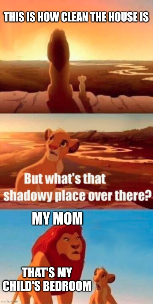 Mom | THIS IS HOW CLEAN THE HOUSE IS; MY MOM; THAT'S MY CHILD'S BEDROOM | image tagged in memes,simba shadowy place,cleaning,family,mom | made w/ Imgflip meme maker
