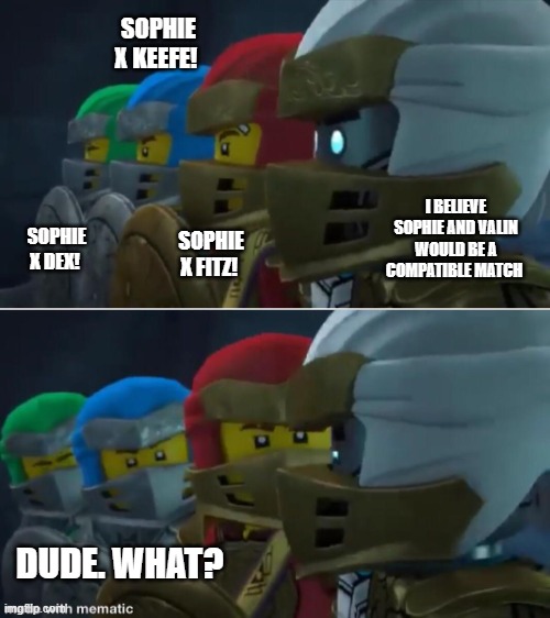 KOTLC Ships | SOPHIE X KEEFE! I BELIEVE SOPHIE AND VALIN WOULD BE A COMPATIBLE MATCH; SOPHIE X DEX! SOPHIE X FITZ! DUDE. WHAT? | image tagged in ninjago reaction | made w/ Imgflip meme maker