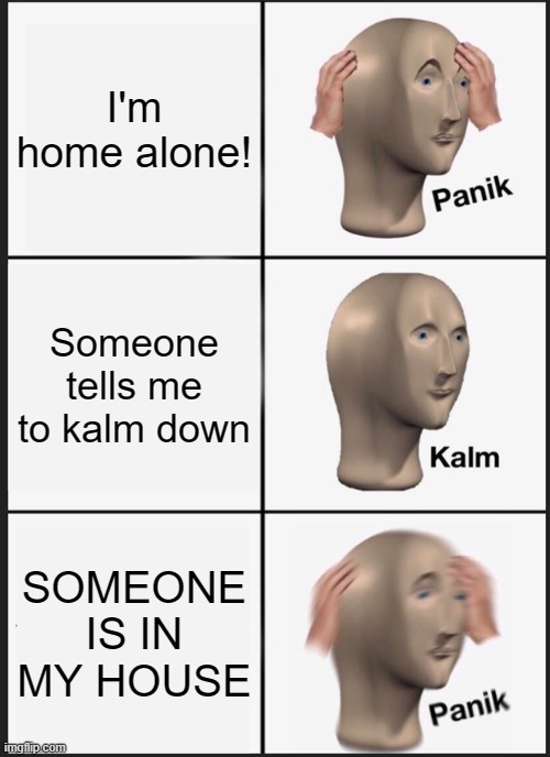 You're right, I just have to calm down- WAIT A SECOND- | I'm home alone! Someone tells me to kalm down; SOMEONE IS IN MY HOUSE | image tagged in memes,panik kalm panik,home alone | made w/ Imgflip meme maker