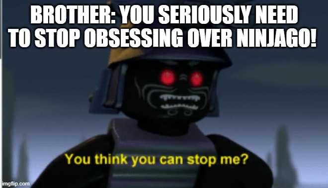 Me: I will never stop!!!!!!!! | BROTHER: YOU SERIOUSLY NEED TO STOP OBSESSING OVER NINJAGO! | image tagged in ninjago | made w/ Imgflip meme maker